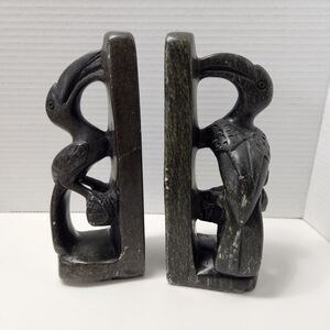Vtg African Stone Bird Bookends  Hand Carved Serpentine Hornbill Shona Folk Art